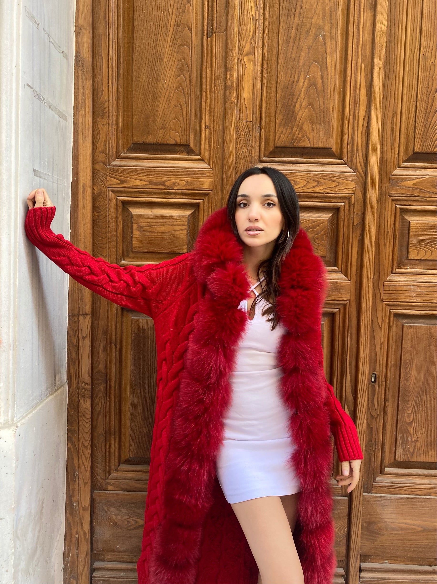 Women Knitted Fox Fur - Women Fur - Hooded ( Red )