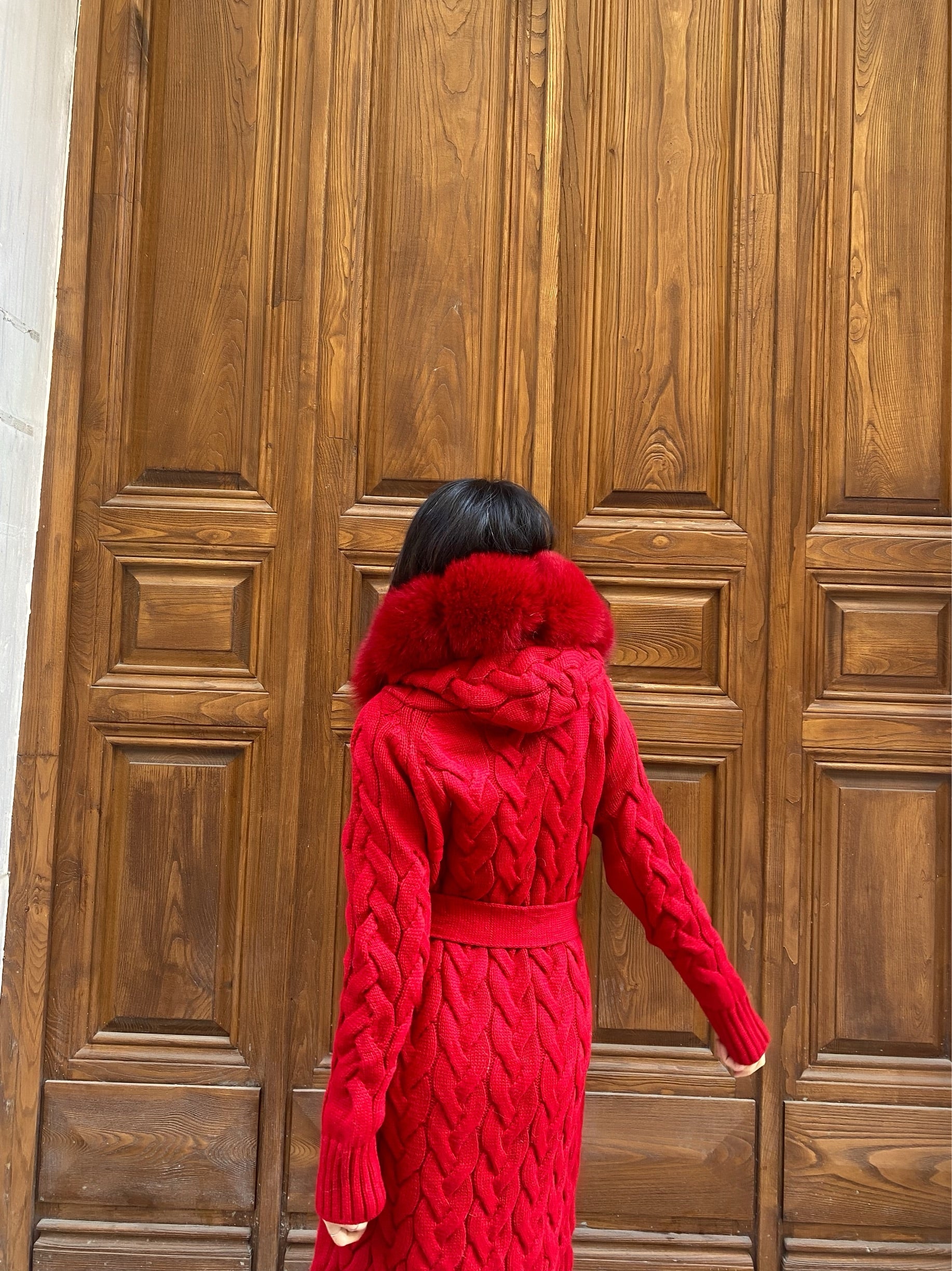 Women Knitted Fox Fur - Women Fur - Hooded ( Red )