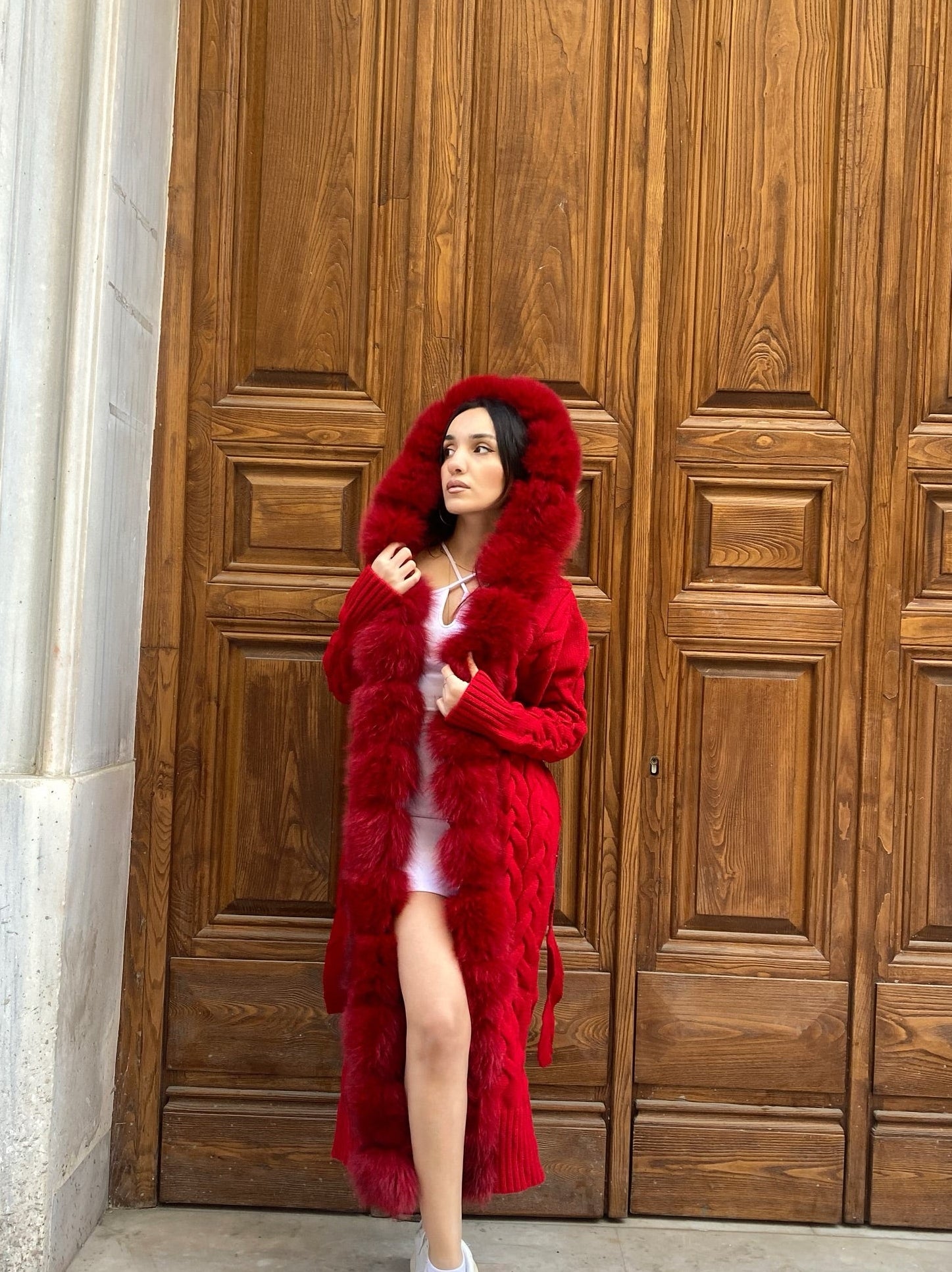 Women Knitted Fox Fur - Women Fur - Hooded ( Red )