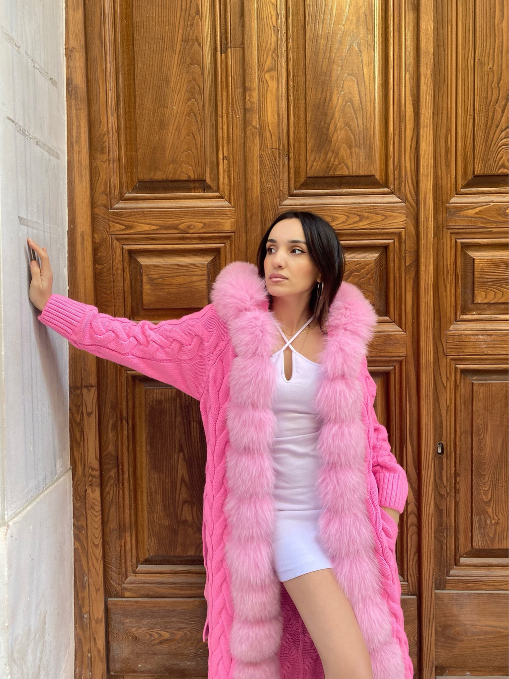 Women Knitted Fox Fur - Women Fur - Hooded ( Light Pink)