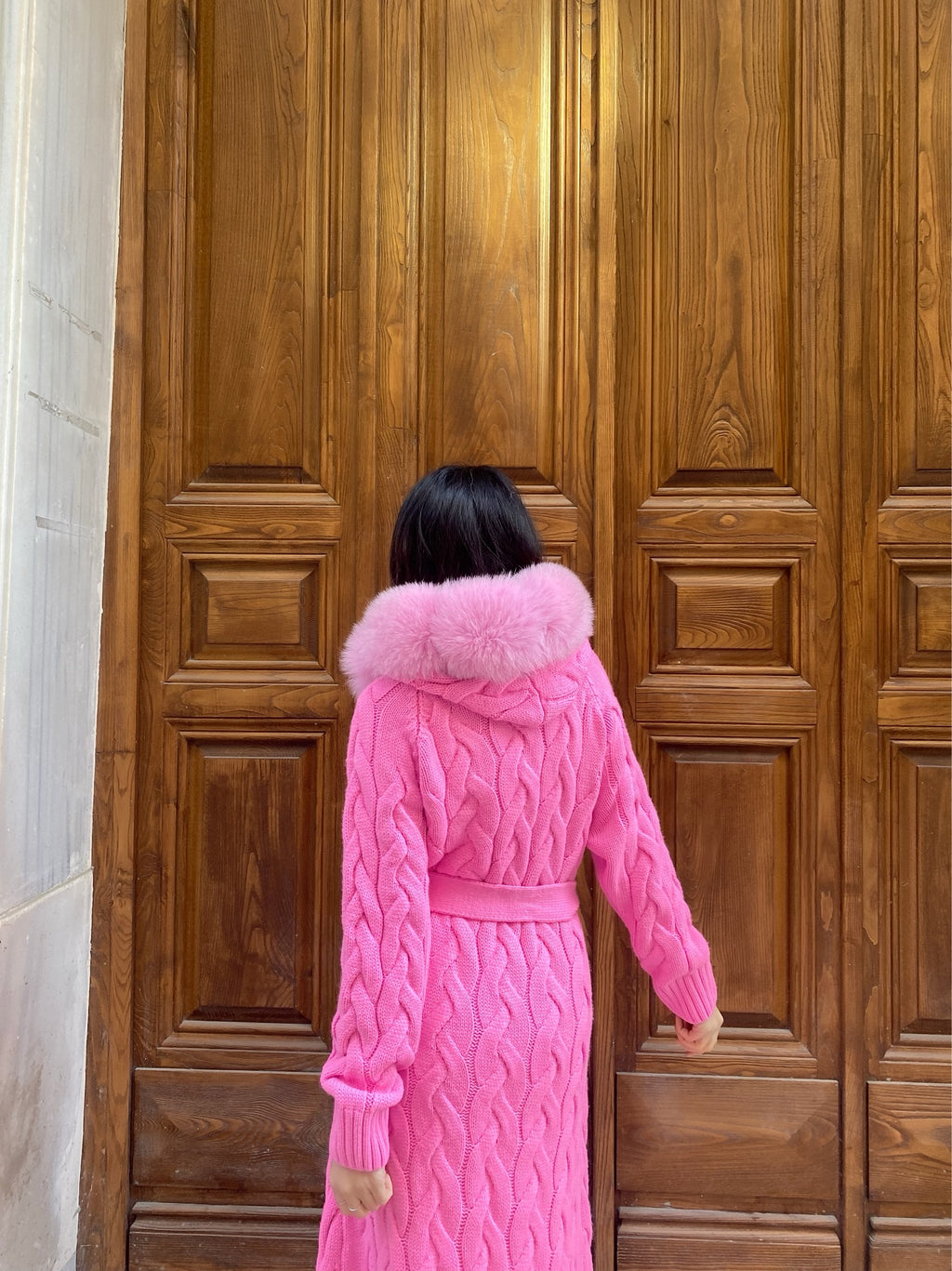 Women Knitted Fox Fur - Women Fur - Hooded ( Light Pink)