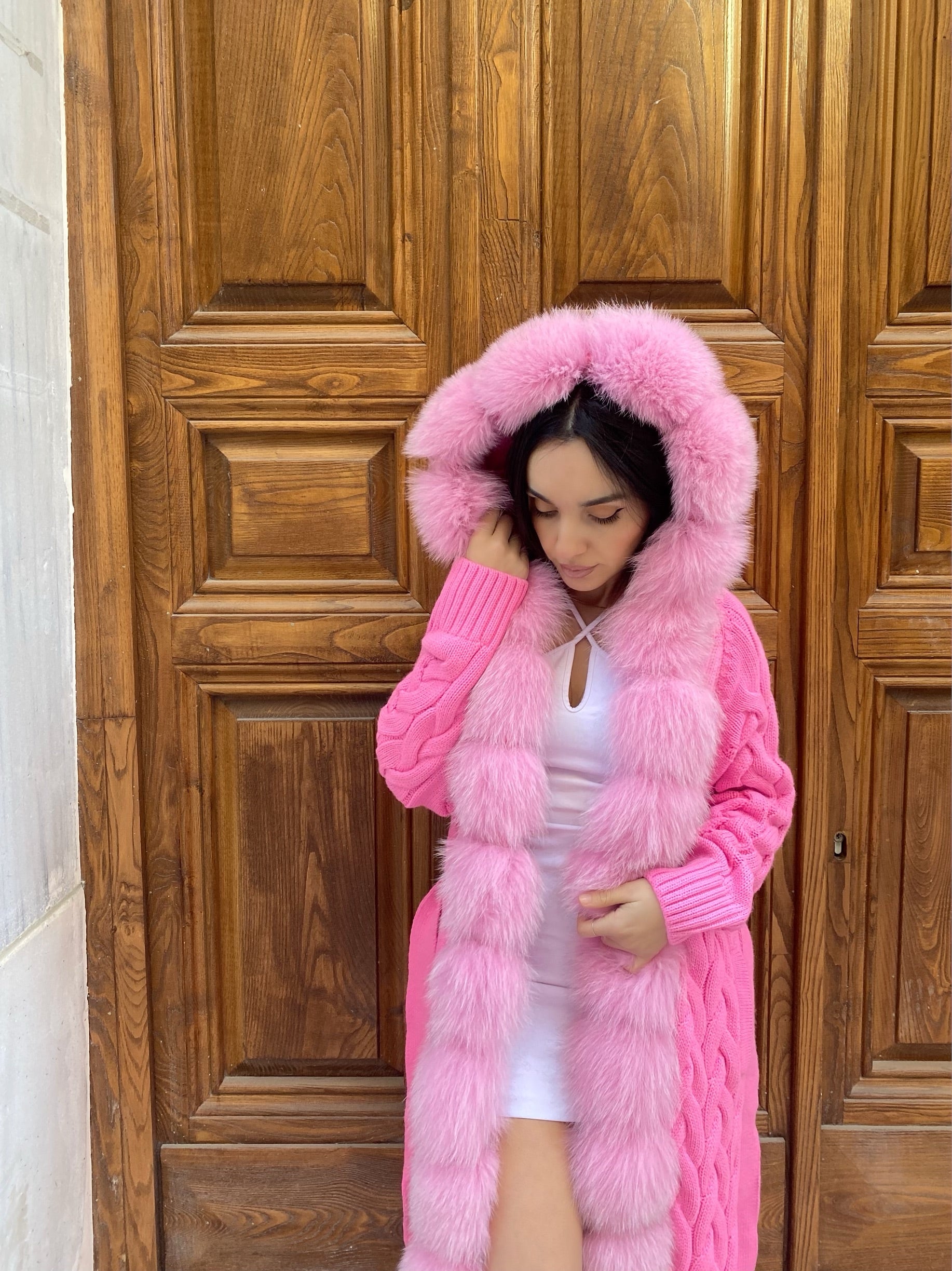 Women Knitted Fox Fur - Women Fur - Hooded ( Light Pink)