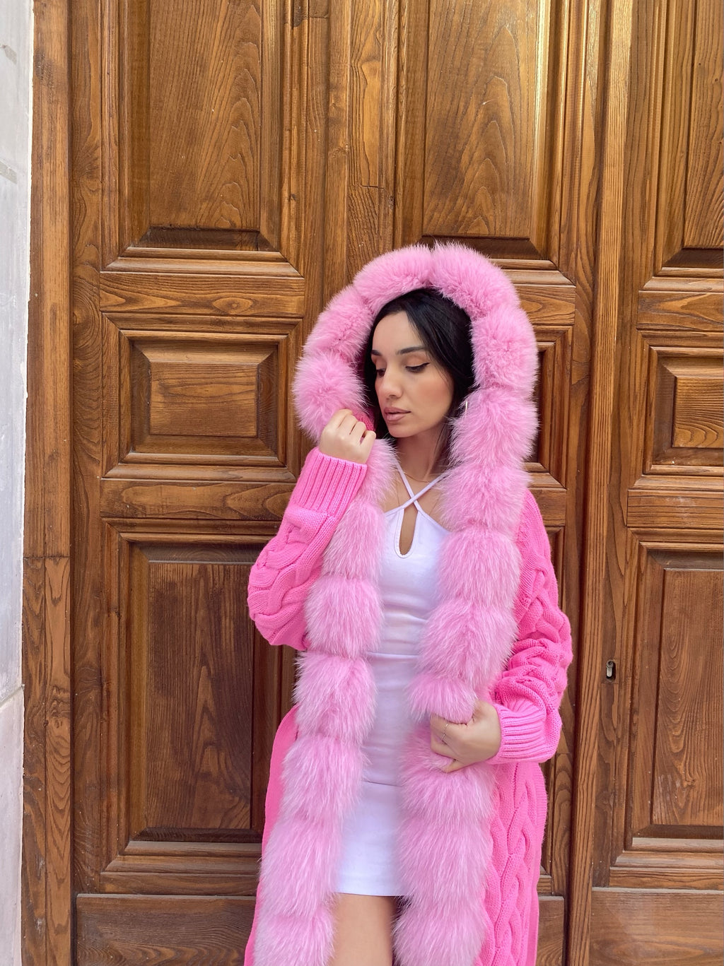 Women Knitted Fox Fur - Women Fur - Hooded ( Light Pink)