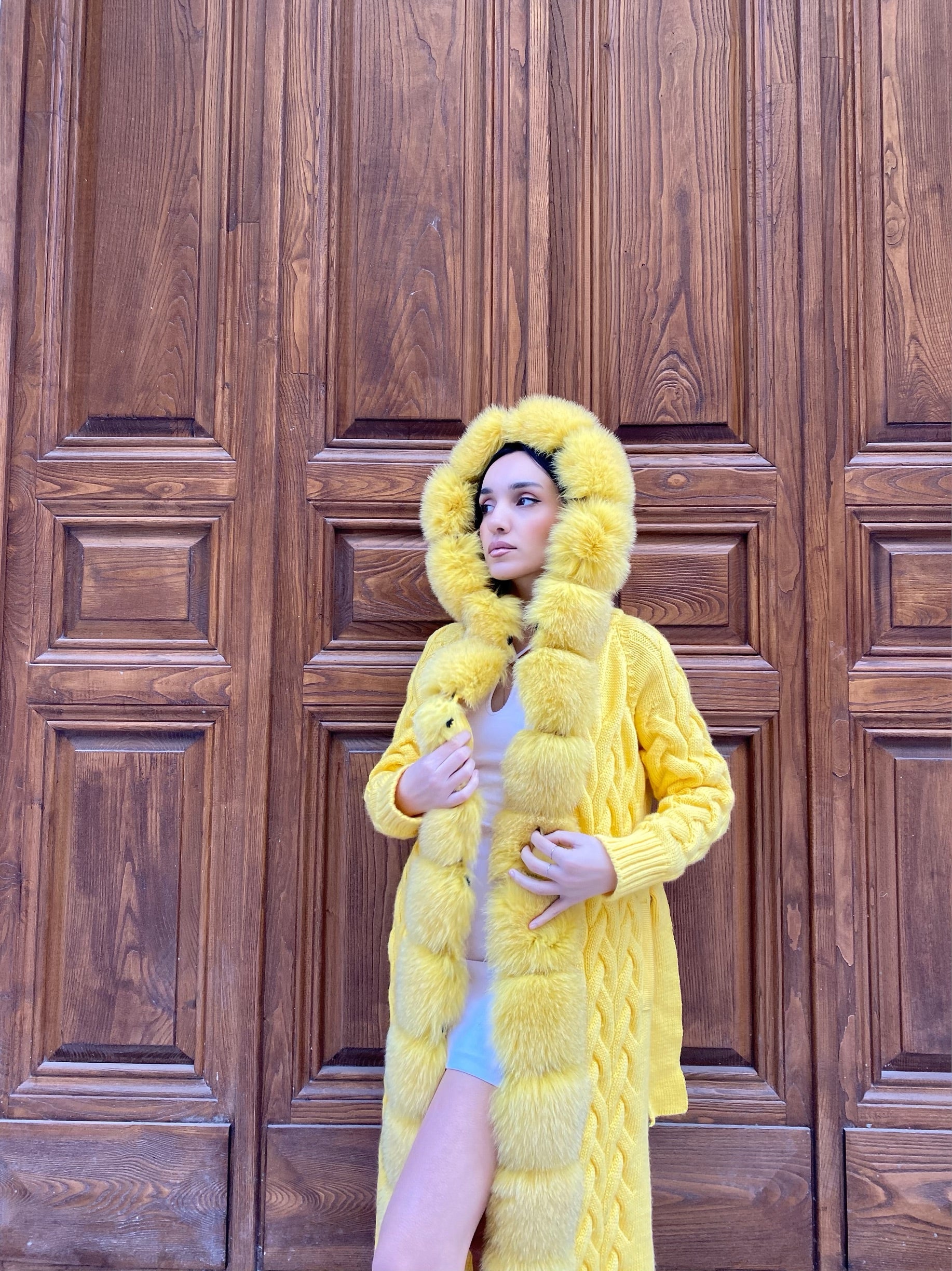 Women Knitted Fox Fur - Women Fur - Hooded (Yellow)