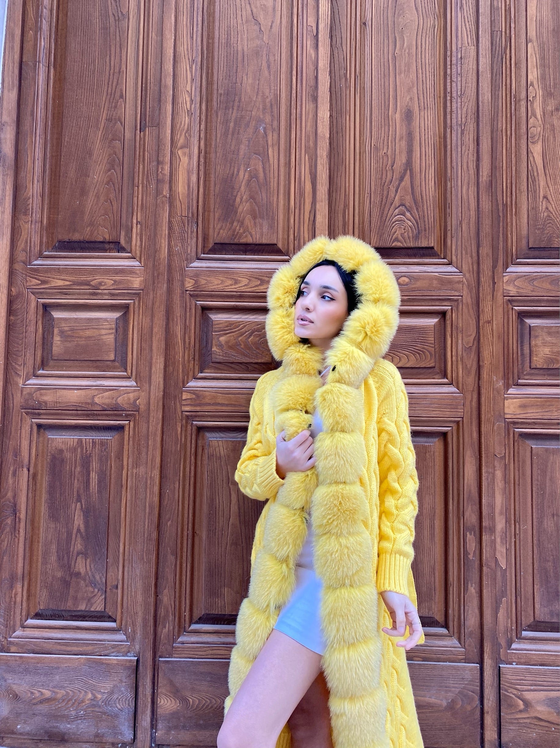 Women Knitted Fox Fur - Women Fur - Hooded (Yellow)