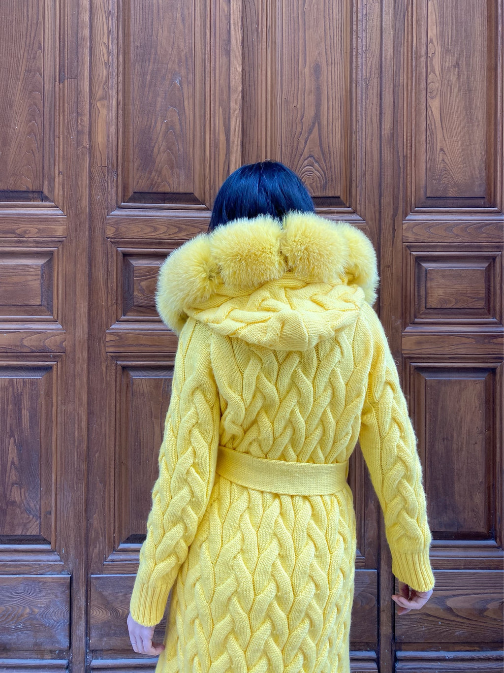 Women Knitted Fox Fur - Women Fur - Hooded (Yellow)