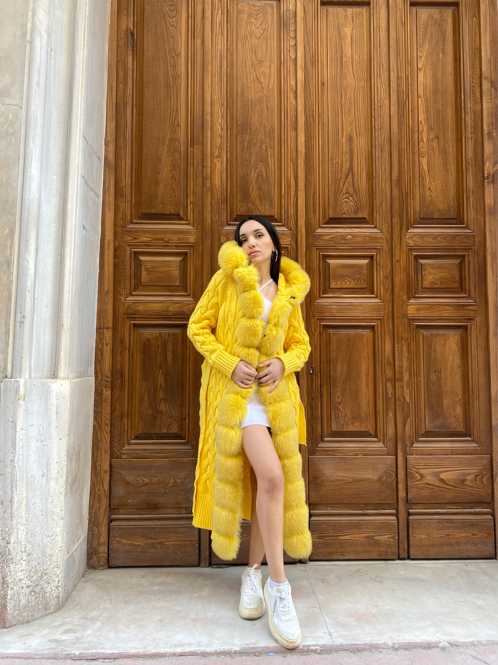 Women Knitted Fox Fur - Women Fur - Hooded (Yellow)