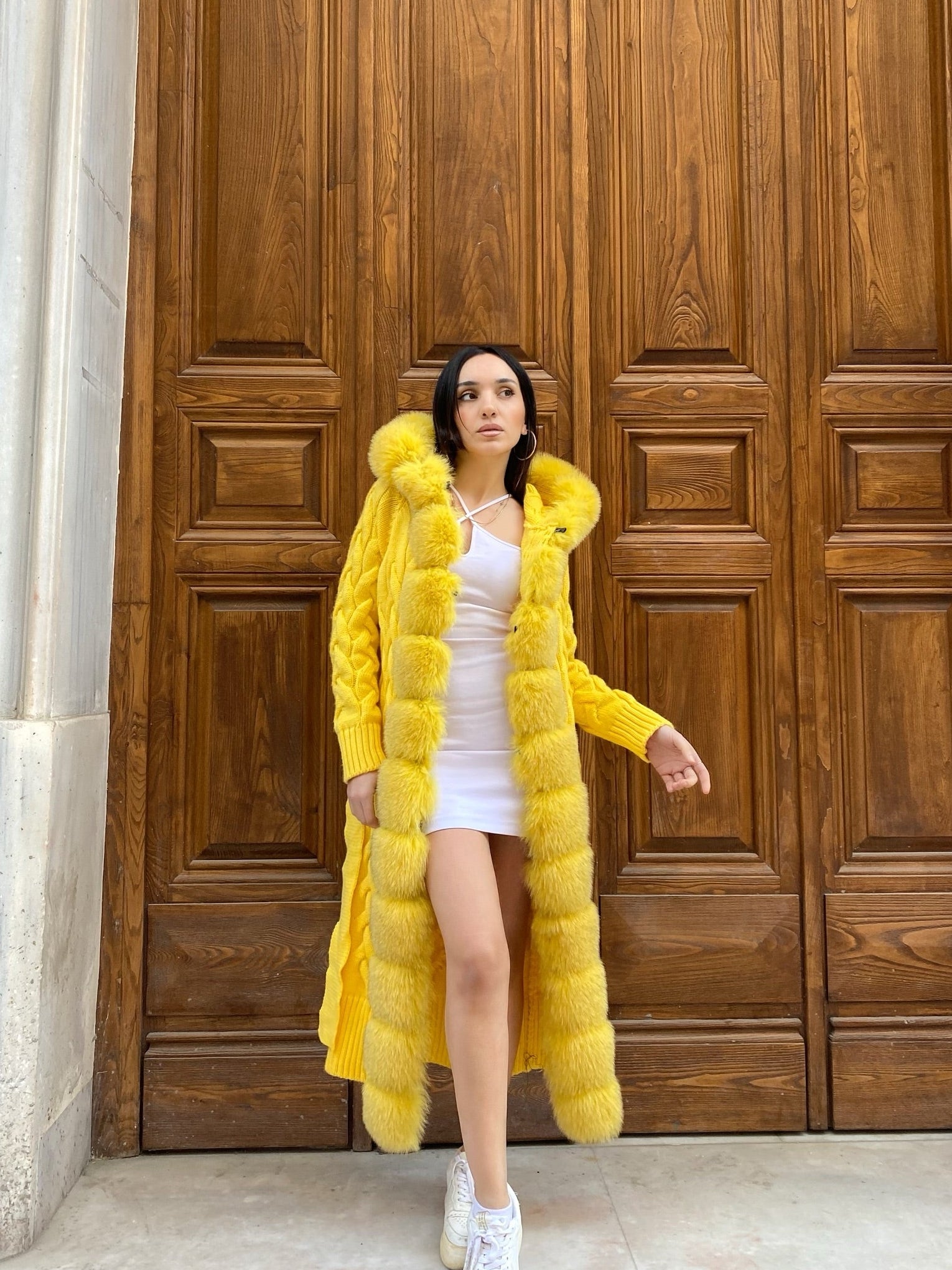 Women Knitted Fox Fur - Women Fur - Hooded (Yellow)
