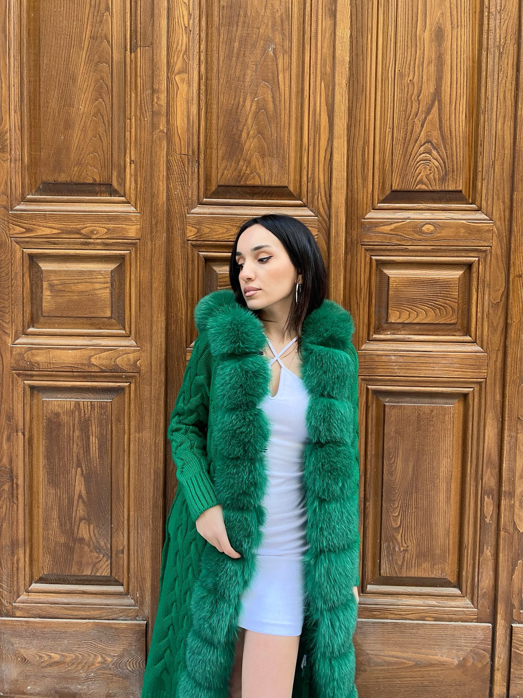 Women Knitted Fox Fur - Women Fur - Hooded (Green )