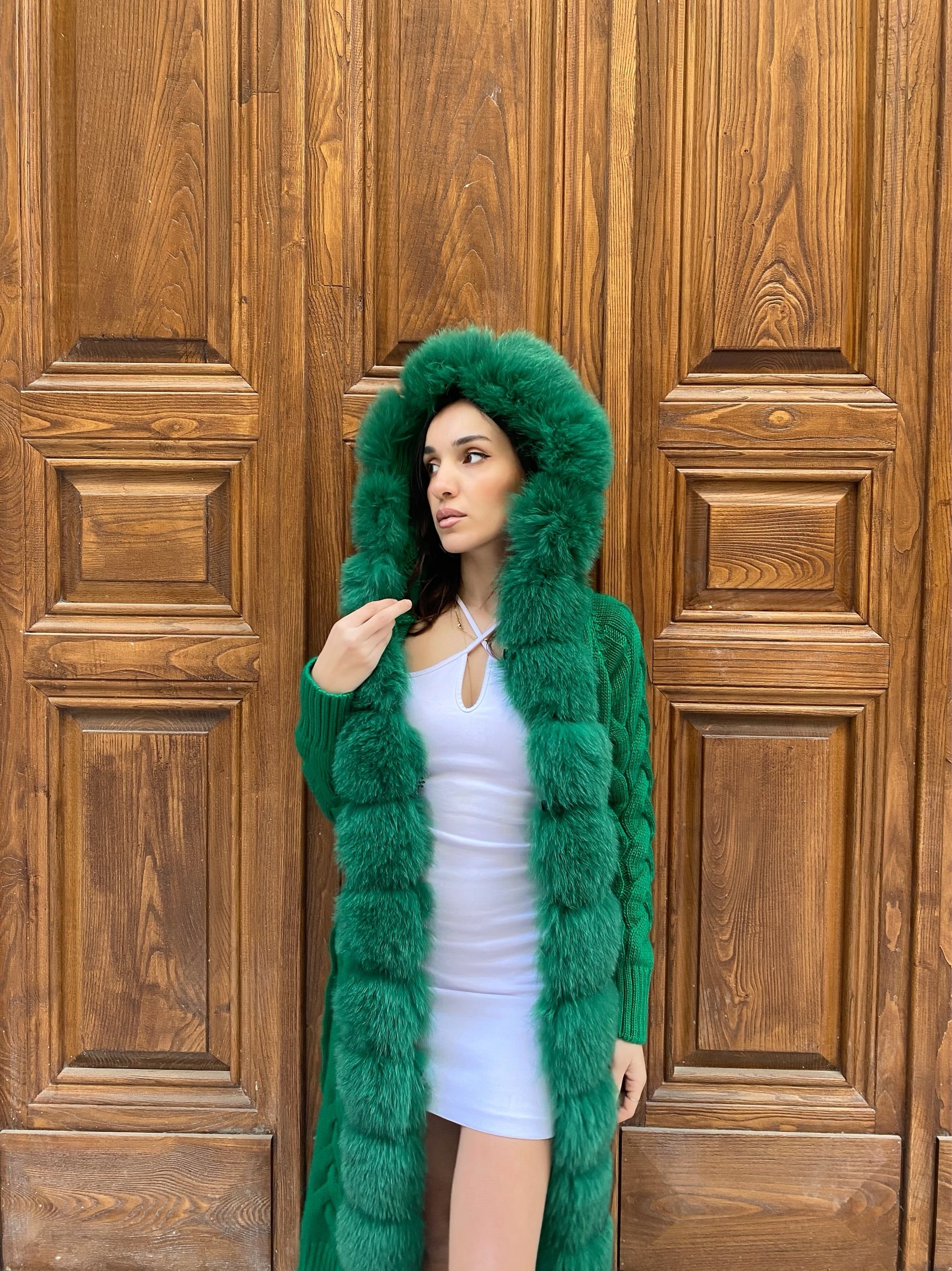 Women Knitted Fox Fur - Women Fur - Hooded (Green )