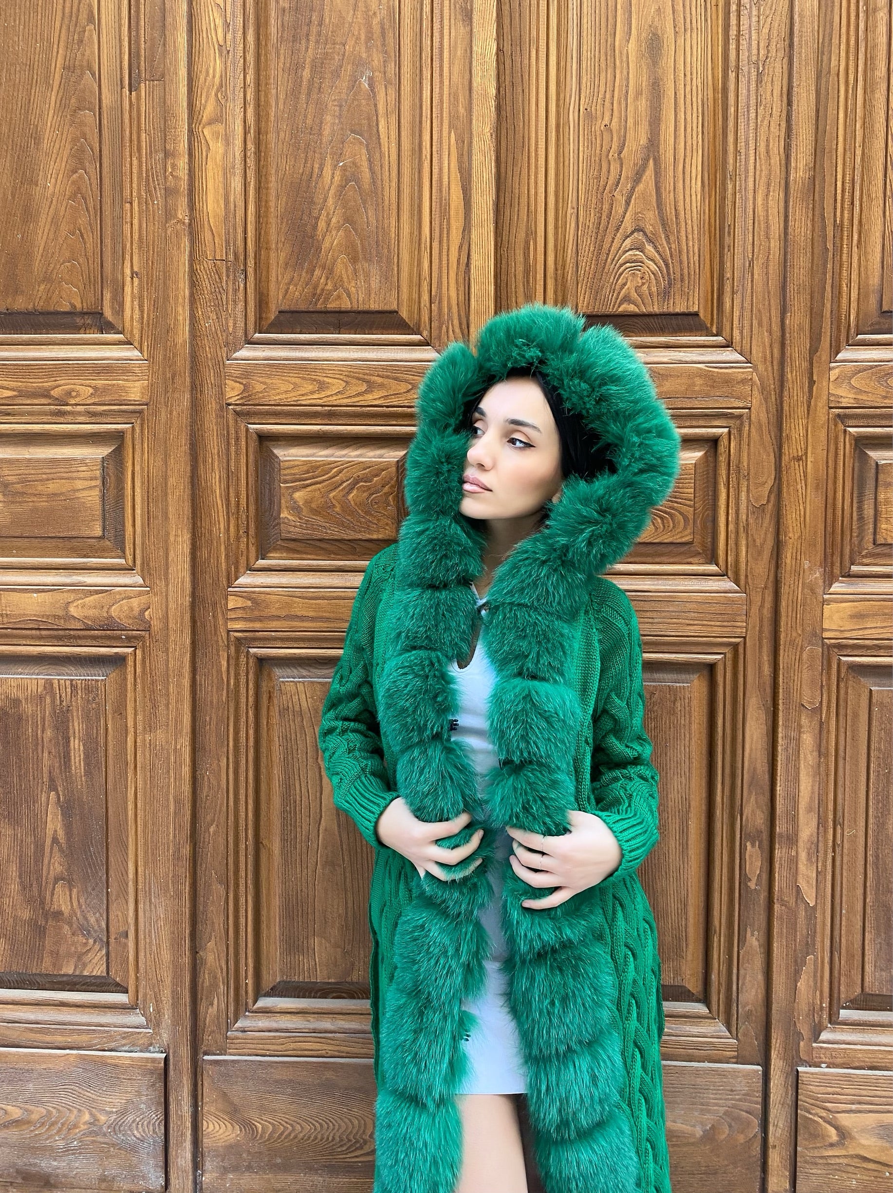 Women Knitted Fox Fur - Women Fur - Hooded (Green )