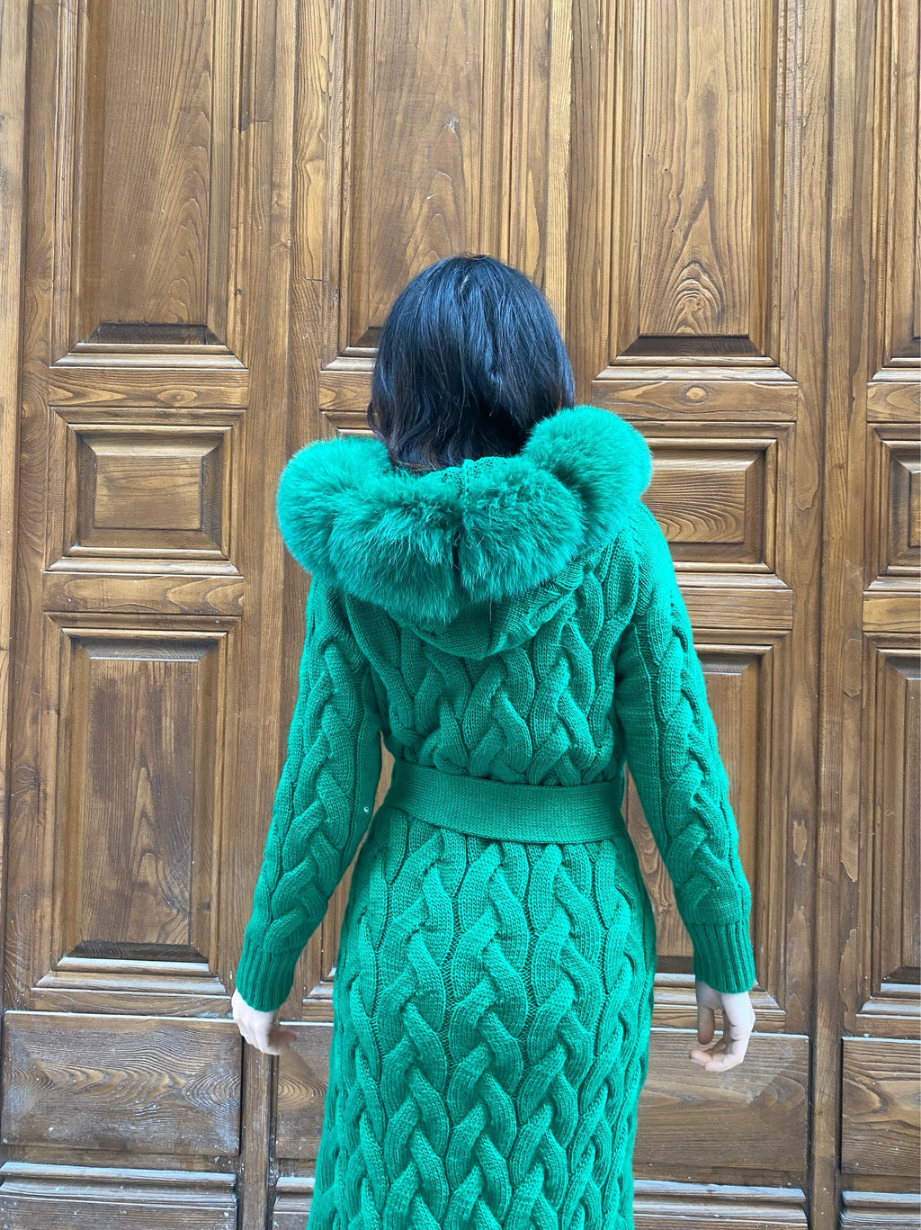Women Knitted Fox Fur - Women Fur - Hooded (Green )
