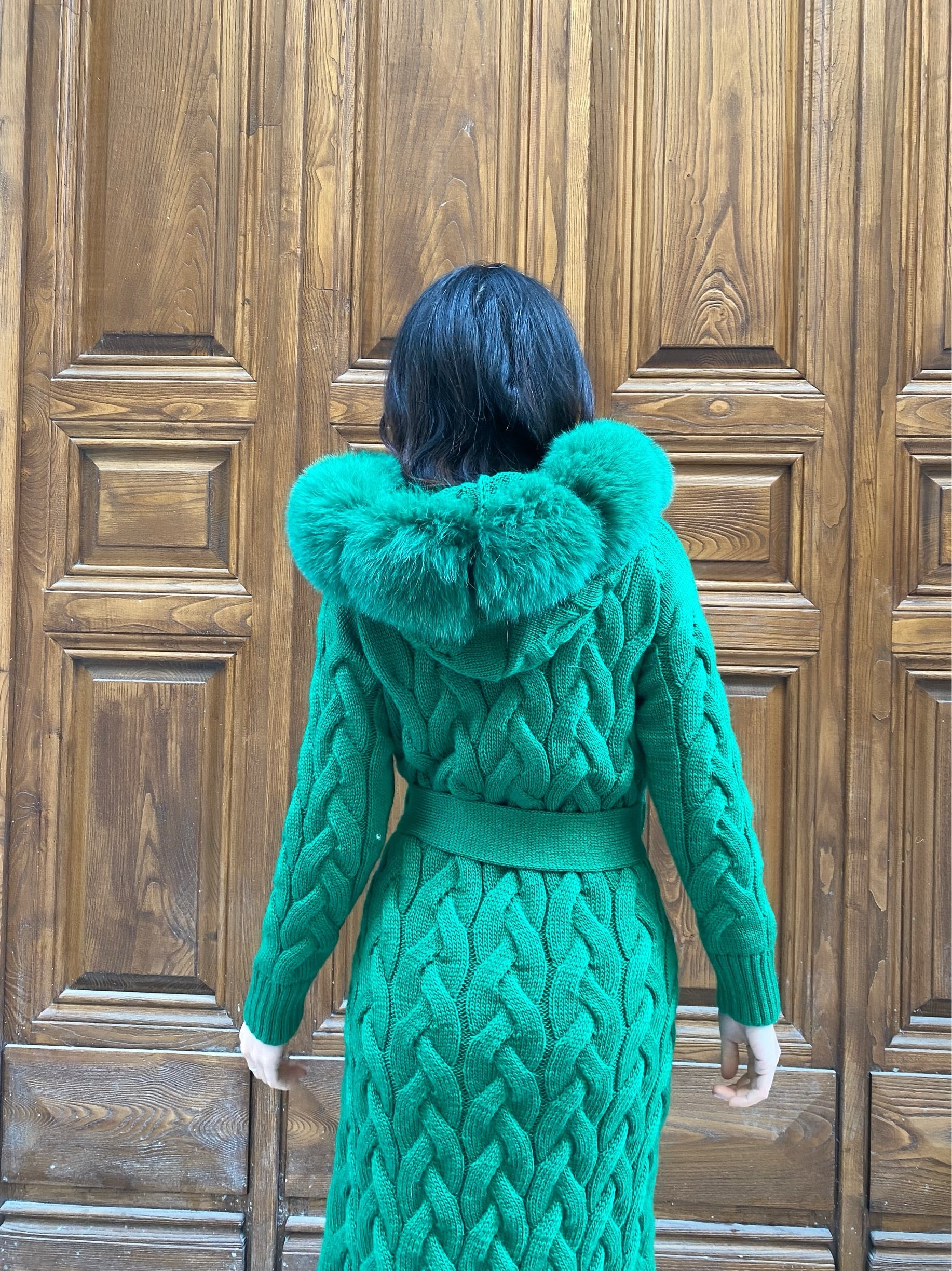 Women Knitted Fox Fur - Women Fur - Hooded (Green )