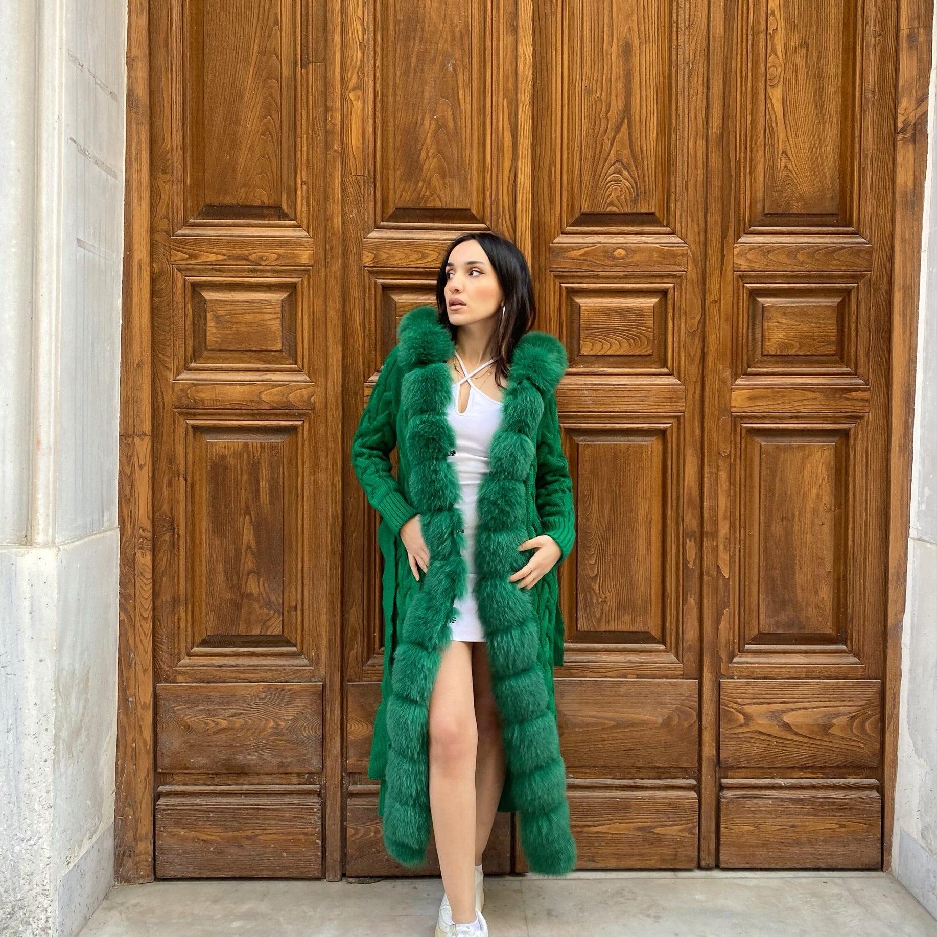 Women Knitted Fox Fur - Women Fur - Hooded (Green )
