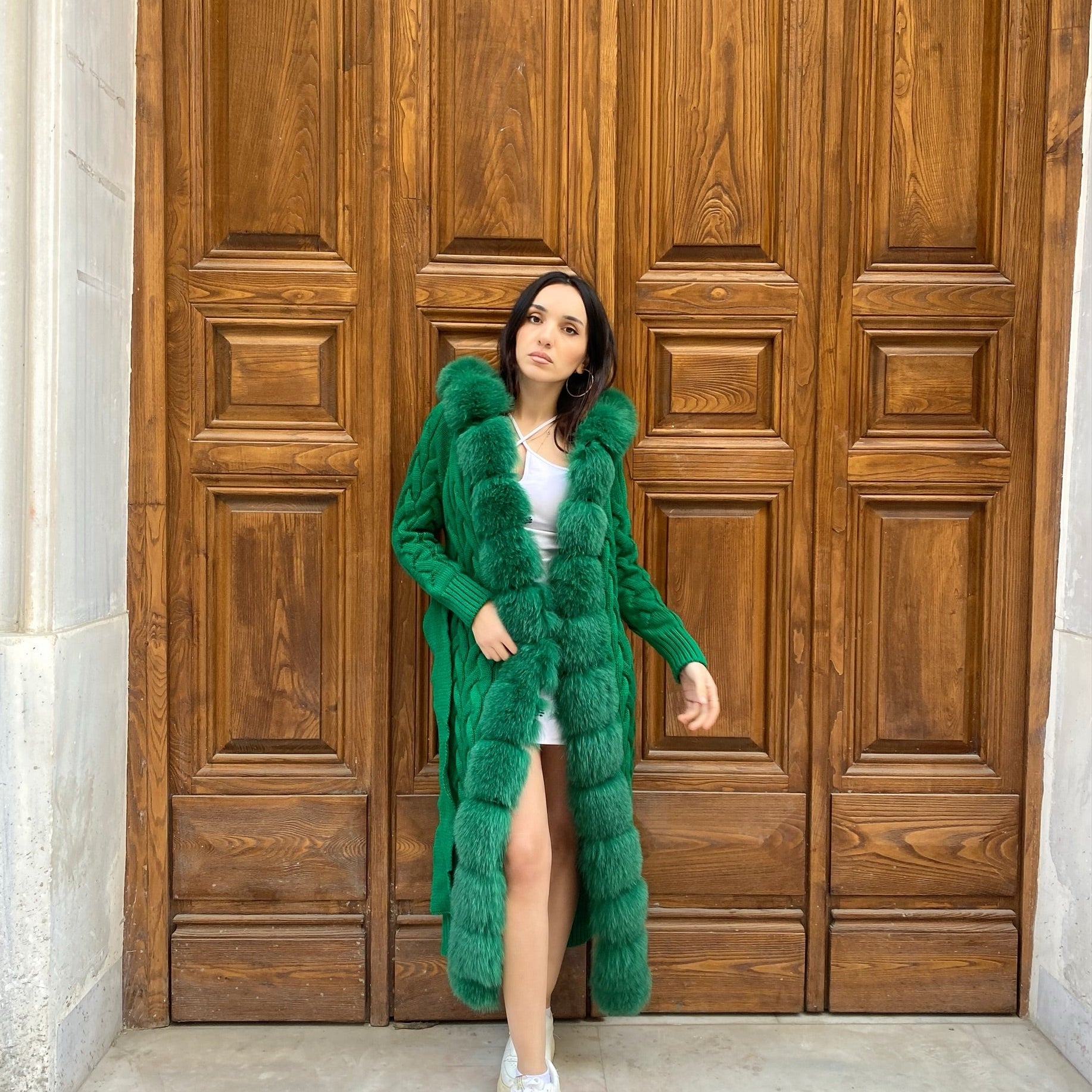 Women Knitted Fox Fur - Women Fur - Hooded (Green )