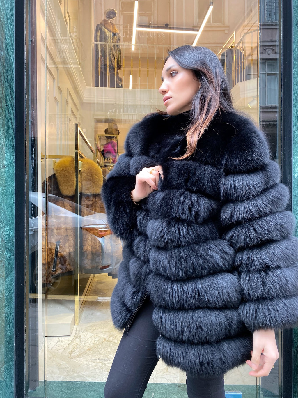 Transformer Women Fox Fur Jacket Short ( Black )