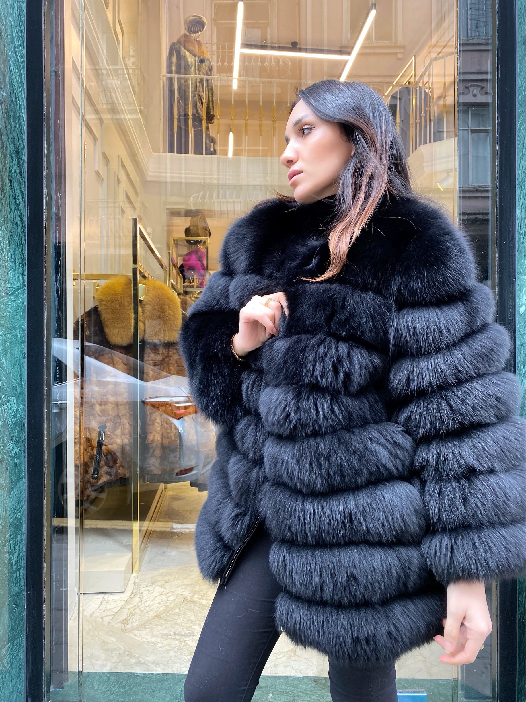 Transformer Women Fox Fur Jacket Short ( Black )