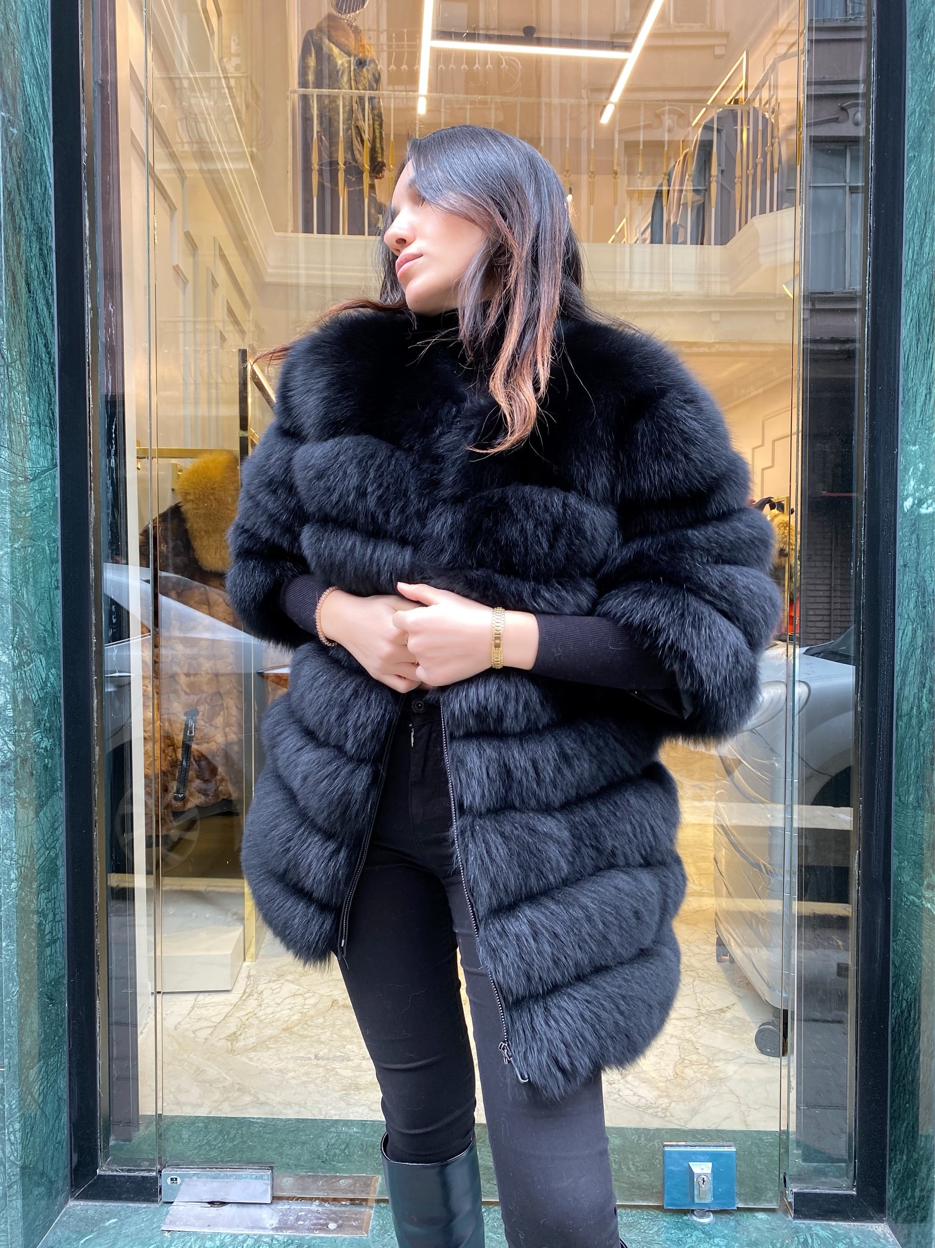Transformer Women Fox Fur Jacket Short ( Black )