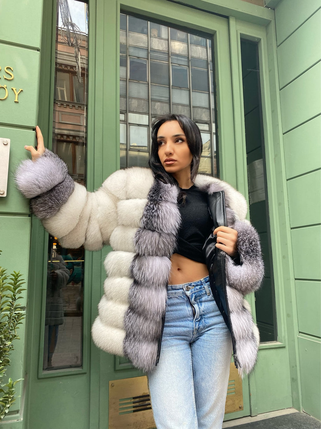 Transformer Women Natural  Fox Fur Jacket Short ( Gray And White )