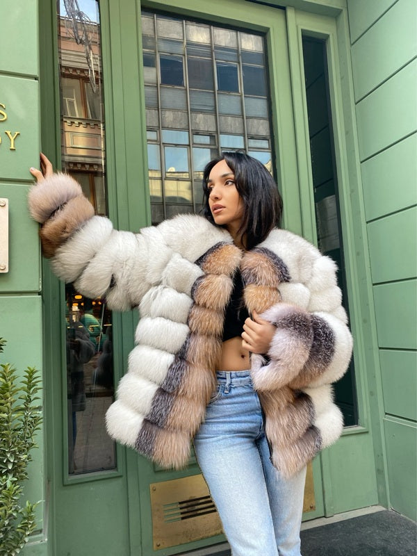 Transformer Women Natural Frost  Fox Fur Jacket Short (  White And Natural Frost  )
