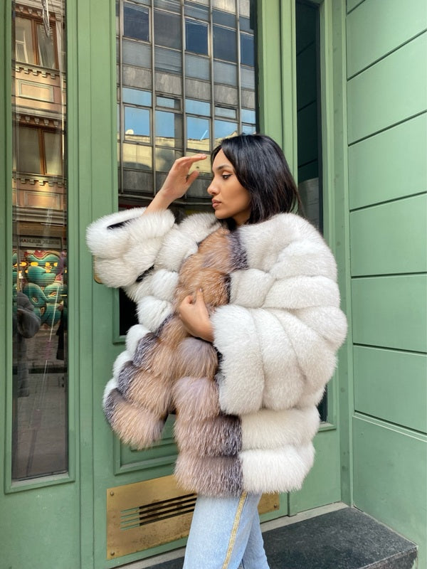 Transformer Women Natural Frost  Fox Fur Jacket Short (  White And Natural Frost  )