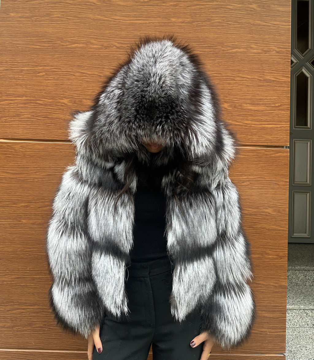 Premium Quality Black and white Argentina Fox Fur Jacket