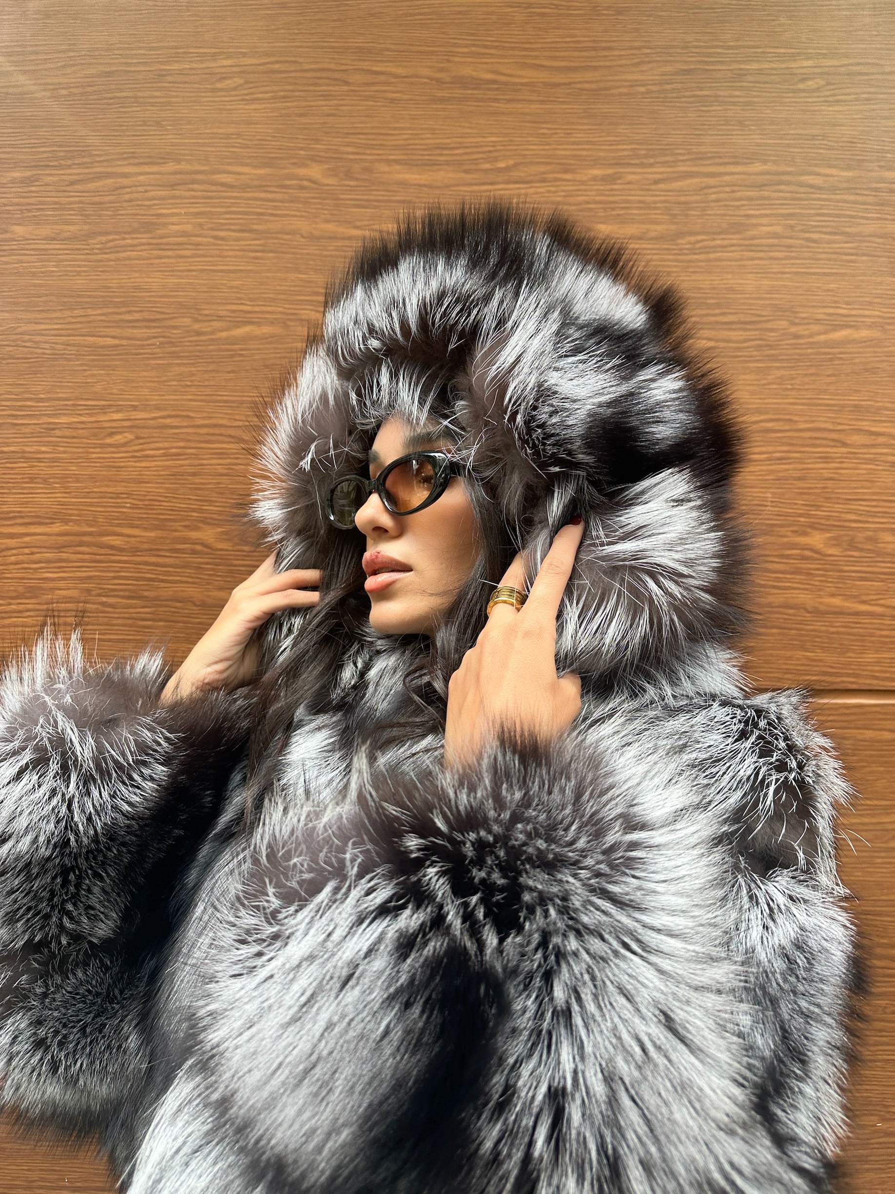 Premium Quality Black and white Argentina Fox Fur Jacket