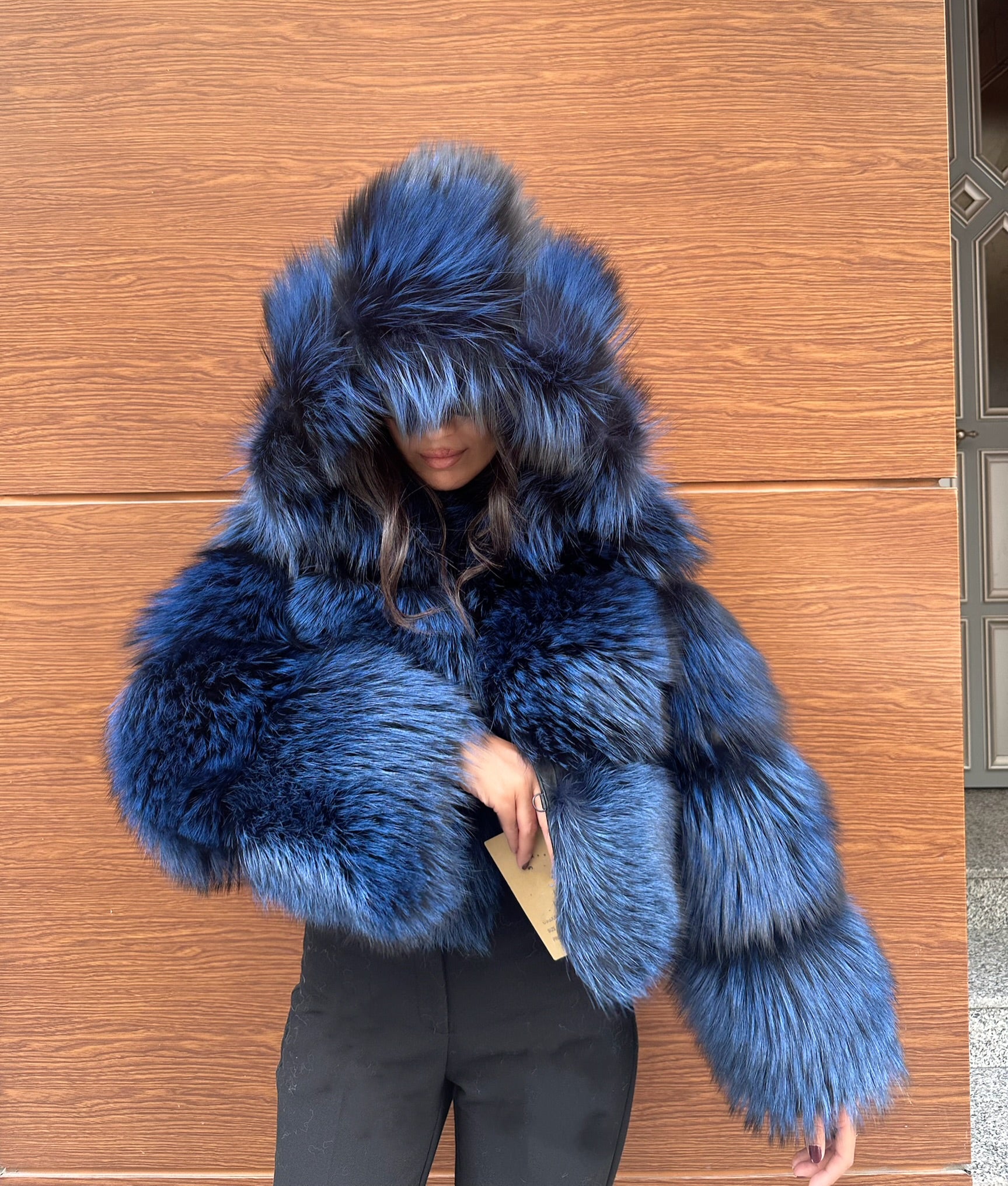 Premium Quality Navy Blue Argentina Fox Fur Jacket