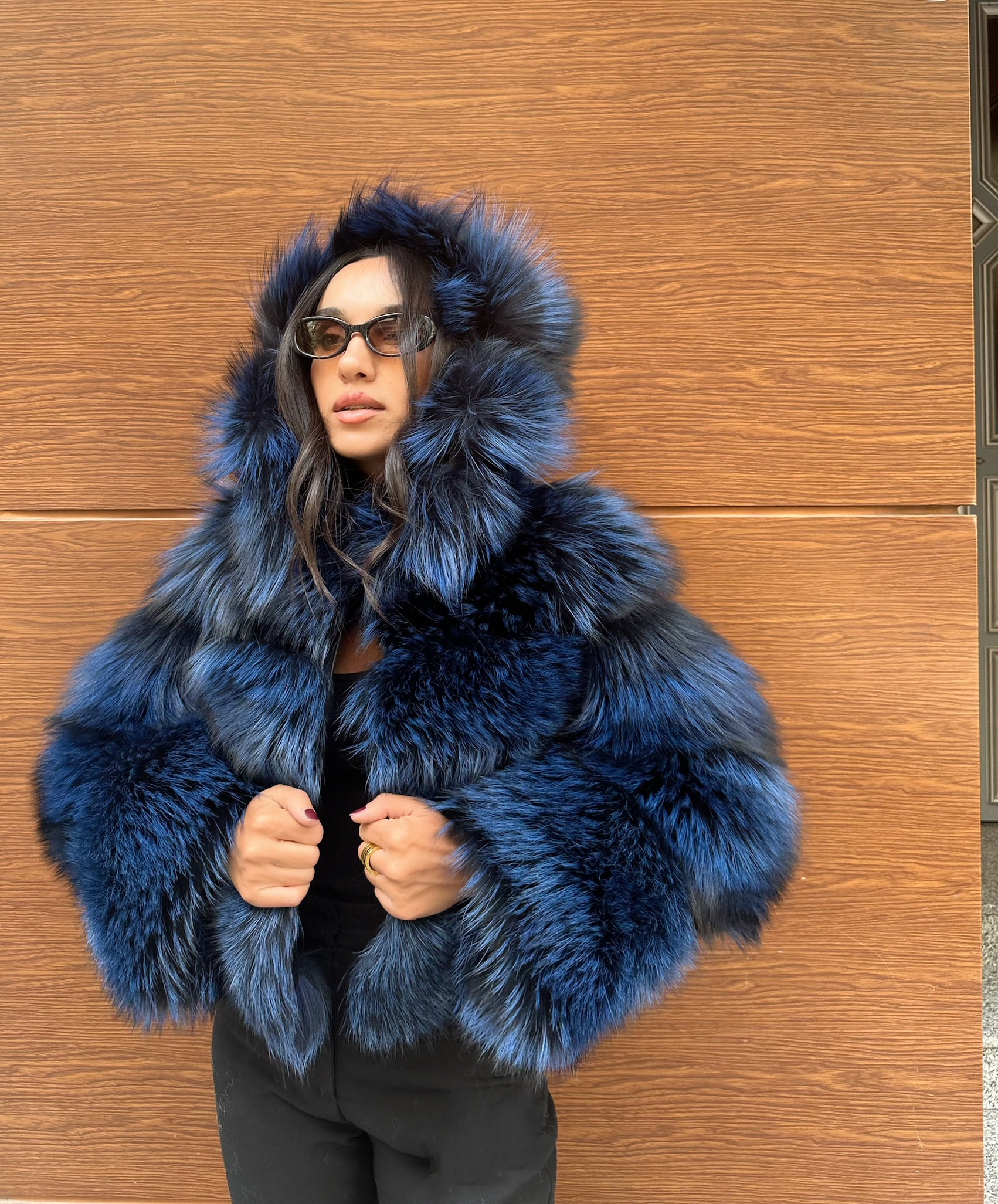 Premium Quality Navy Blue Argentina Fox Fur Jacket