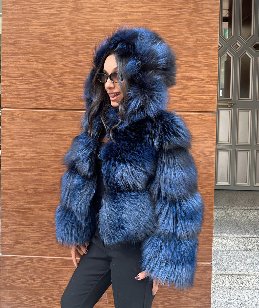 Premium Quality Navy Blue Argentina Fox Fur Jacket