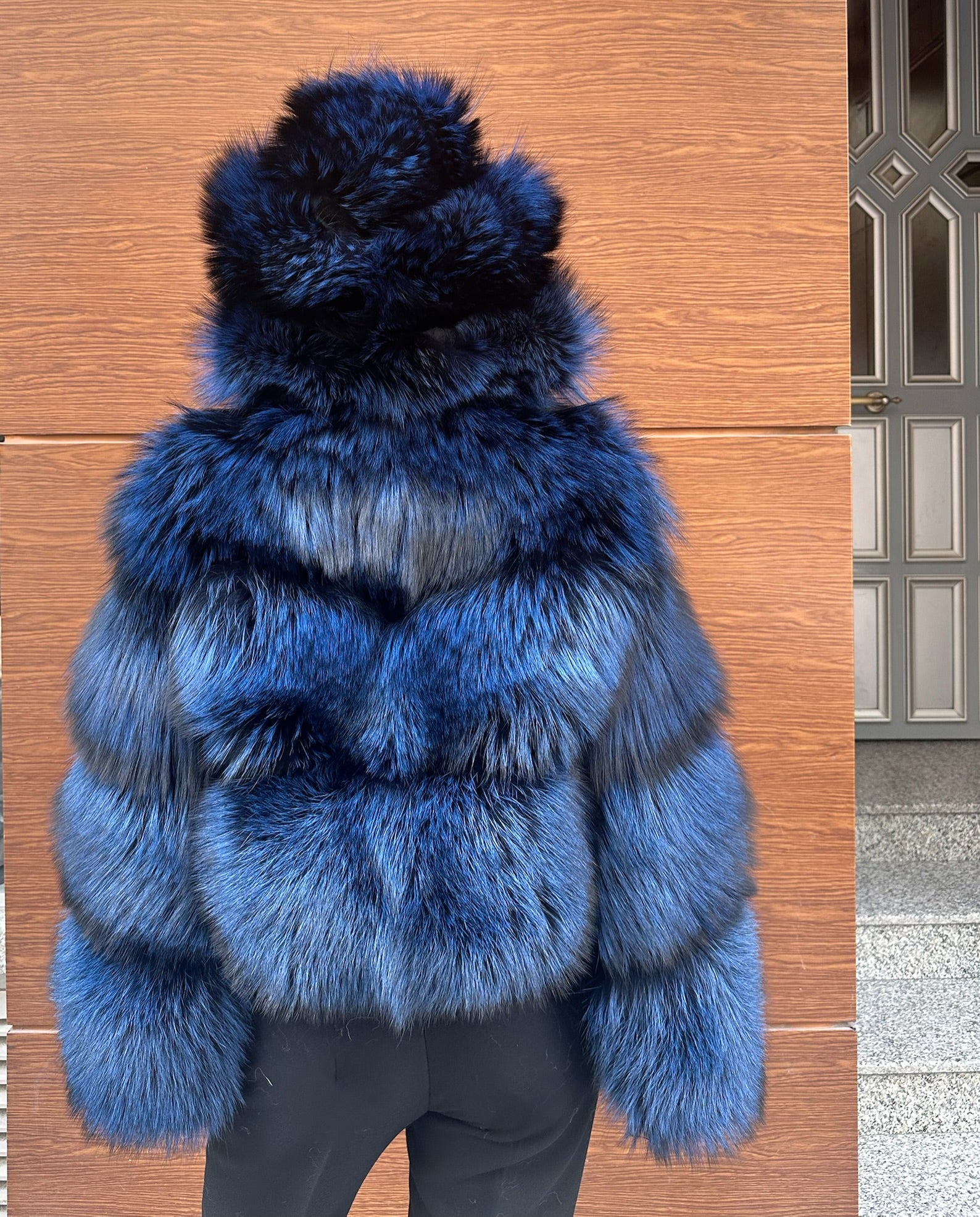 Premium Quality Navy Blue Argentina Fox Fur Jacket