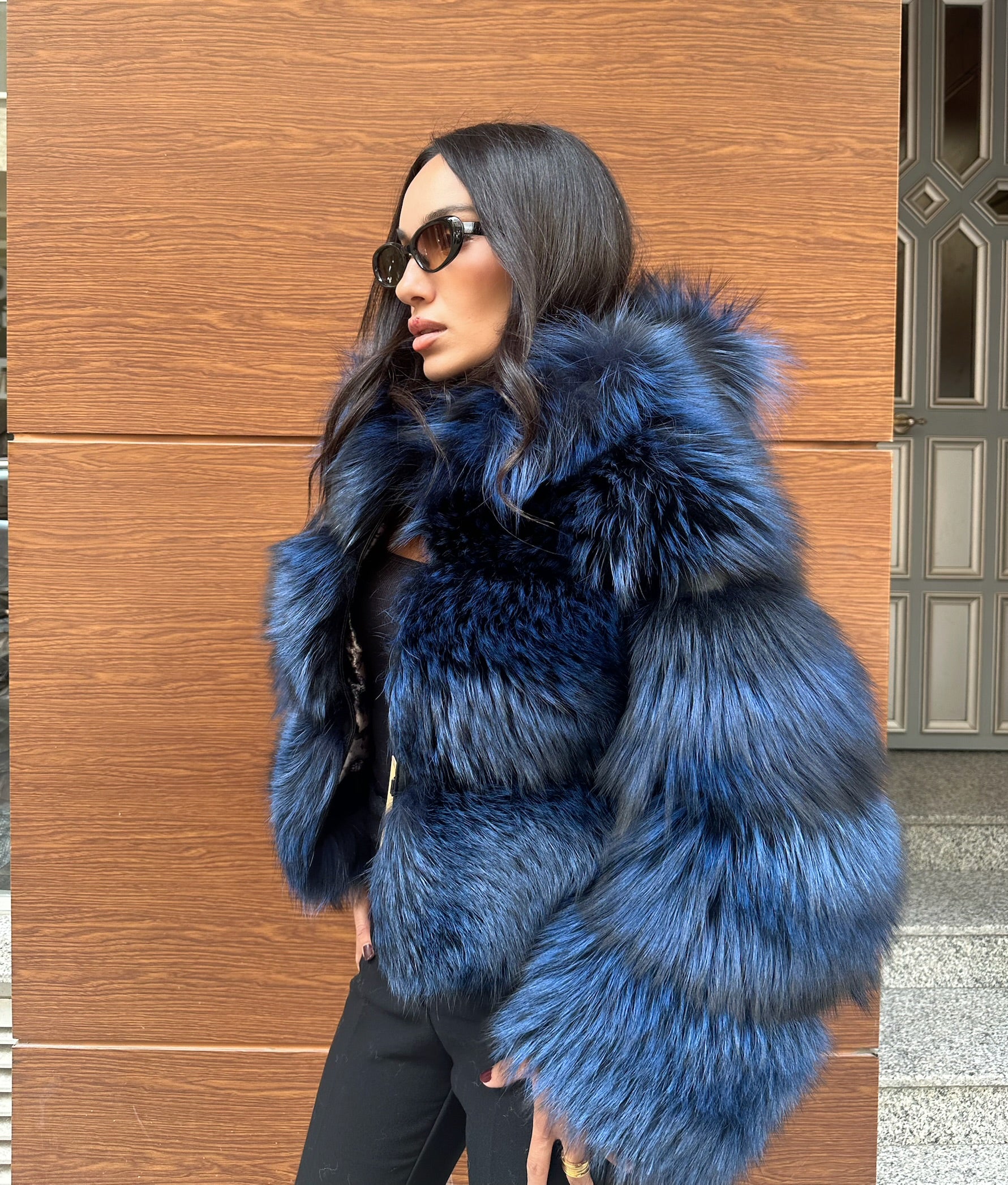 Premium Quality Navy Blue Argentina Fox Fur Jacket