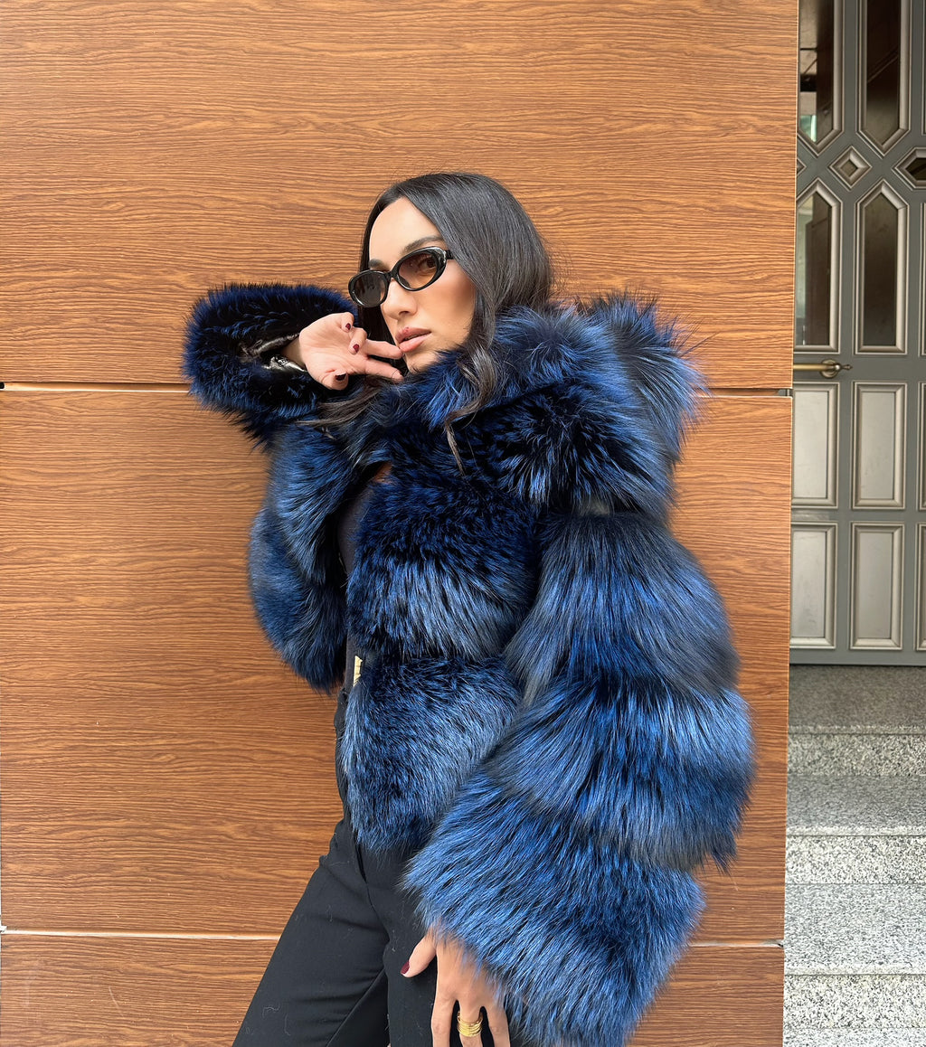 Premium Quality Navy Blue Argentina Fox Fur Jacket