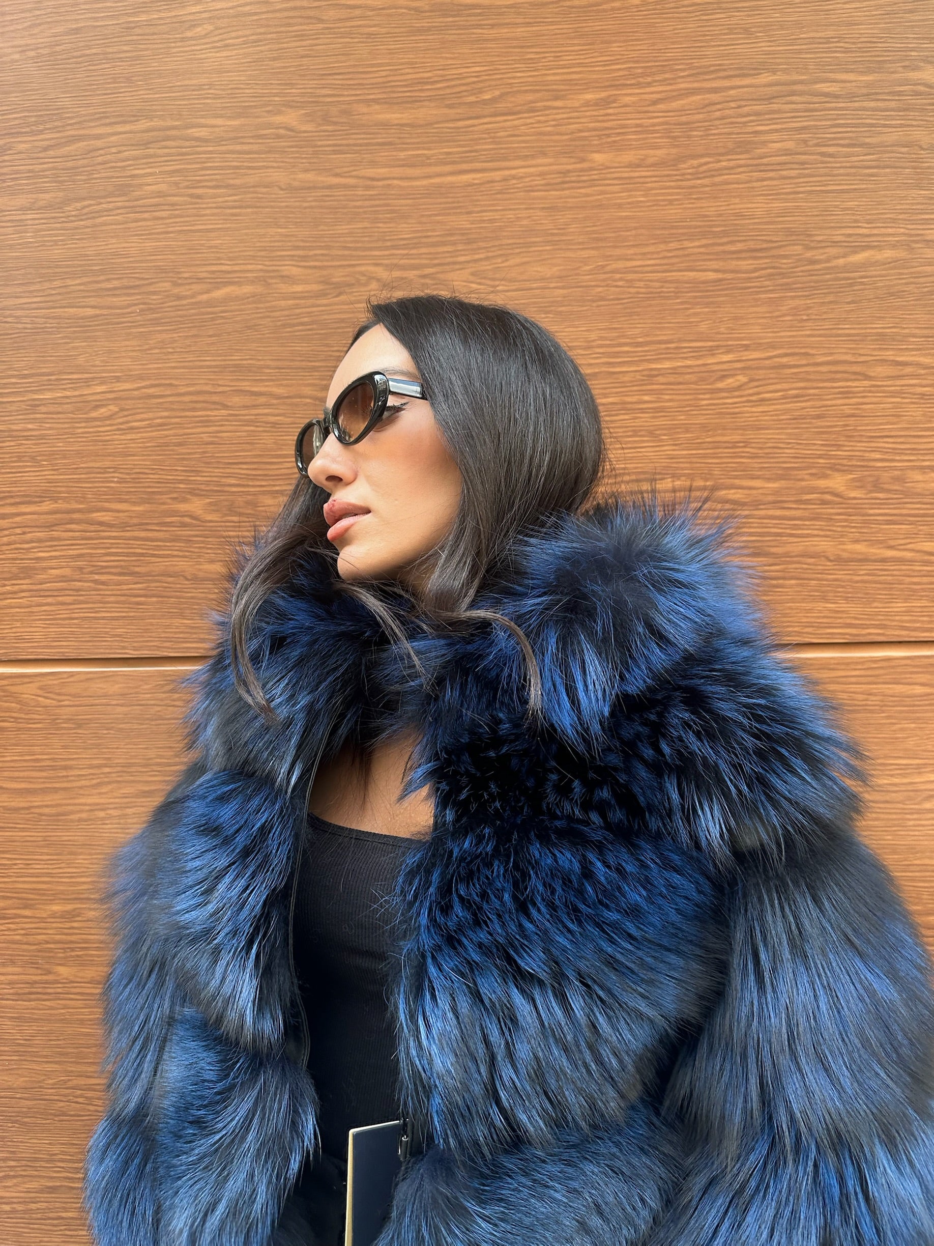 Premium Quality Navy Blue Argentina Fox Fur Jacket