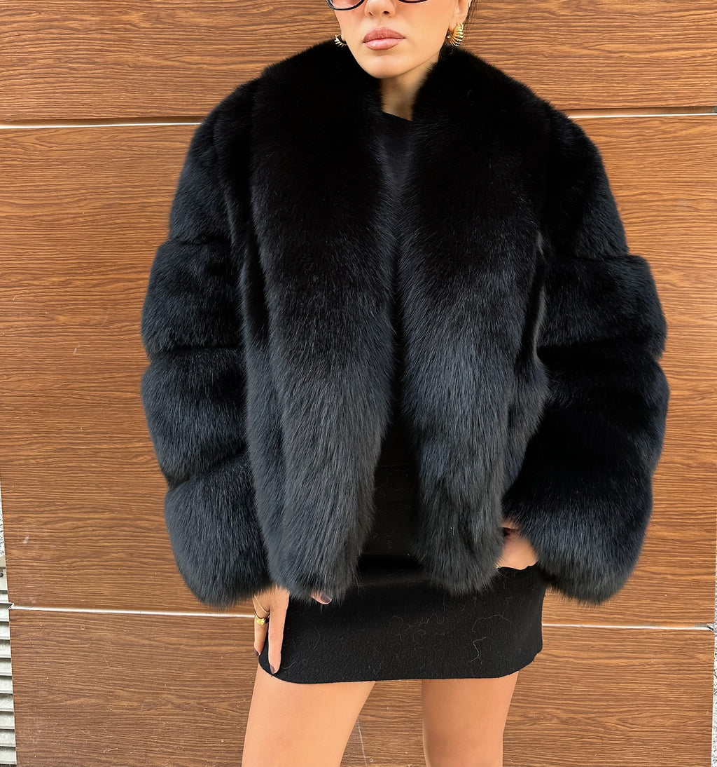 Black Color  Premium Quality Fox Fur Jacket