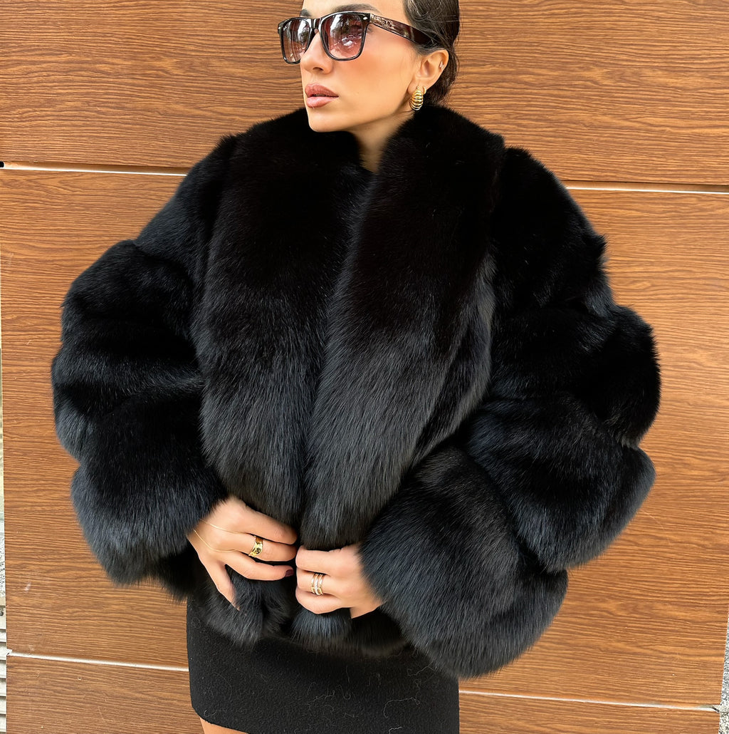 Black Color  Premium Quality Fox Fur Jacket
